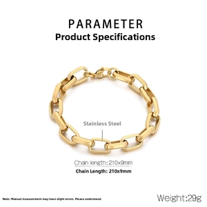 Detailed view of golden stainless steel chain bracelet with specs 210x9mm and 29g