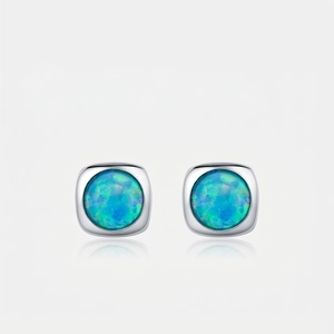 925 Sterling Silver Stud Earrings Square Geometric Inlaid Blue Green Opal Minimalist Elegant Jewelry For Women