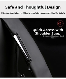 Detail of shoulder strap showing hidden card pocket on waterproof black crossbody bag