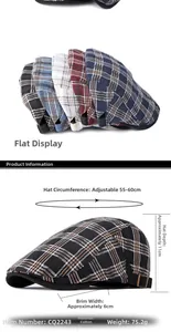 Gorra plana de cuadros estilo británico con correa ajustable y detalles de medidas