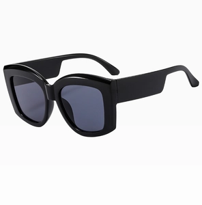 Detailed side view of thick black square sunglasses with wide temples and dark lenses