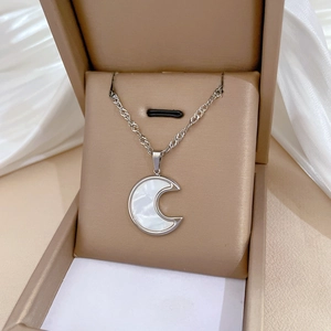 Detailed view of silver crescent moon necklace with white shell inlay on silk fabric