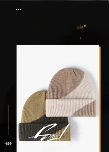Close-up of thick ribbed texture and two-tone color block design on knitted winter beanies