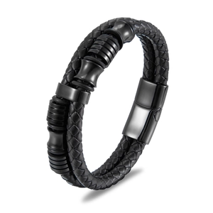 Herenarmband van dubbellaags zwart gevlochten leer met magneetsluiting en metalen ringen