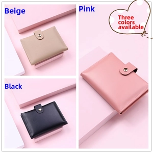 Three-color variant display of soft PU leather buckle wallets in beige, pink, and black