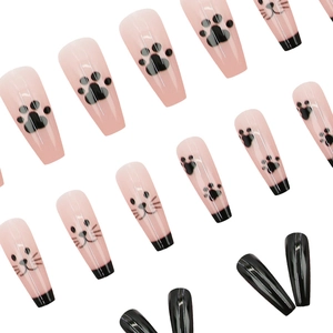 Cute pink and black cat paw cartoon press-on nails in long coffin shape for daily wear