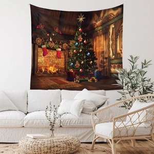 Detail of Christmas tapestry featuring a cozy fireplace and decorated holiday tree