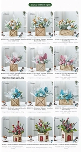 Mini lighted Christmas trees in wooden boxes with size and weight details for home decor