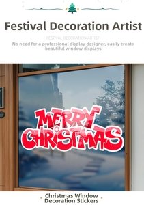 Close-up of red and white Merry Christmas window decal with snowflakes on glass