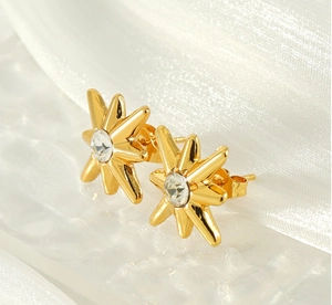 Detailed close-up of golden eight-pointed star earrings with sparkling zircon stones