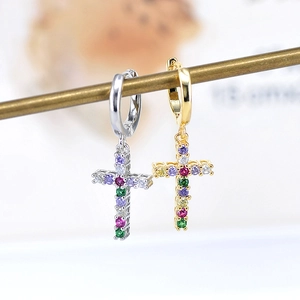 Cross drop earrings in gold and silver finish with colorful cubic zirconia stones