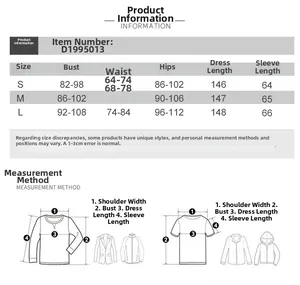 Detailed size chart for slim fit long sleeve dress showing bust waist and length metrics