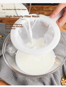 Fine mesh soy milk strainer with white ergonomic handle for efficient kitchen filtering