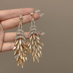 Luxury Long Tassel Drop Earrings Champagne Crystal Rhinestone Alloy Silver Earring Post For Women Party