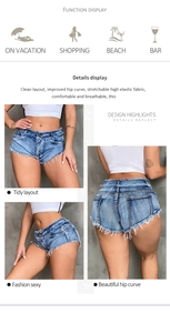 Makro-Detail der blauen High-Stretch-Denim-Shorts mit Bodycon-Passform und Lifting-Effekt