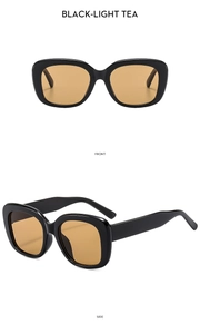Front and side views of black square jelly sunglasses with light tea lenses