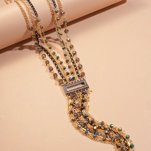 Multilayer tassel necklace featuring crystal beads and a rhinestone rectangle pendant
