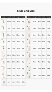 Tableau détaillé des tailles et poids pour divers ornements de Noël anges en bois rose