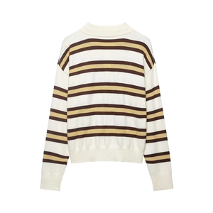 Close-up of a striped knit sweater with white, yellow and brown horizontal patterns