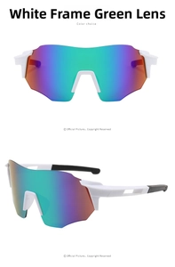 Front and side views of white frame sports sunglasses with green mirror coated lenses