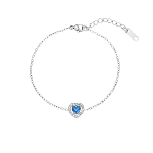 Elegant silver-toned heart bracelet with blue zircon centerpiece and tiny diamonds