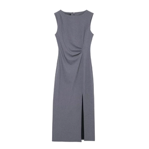 Robe Midi Sans Manches Polyester Taille Plissée Fente Latérale Ajustée Élégante Col Rond Bureau Femme Gris