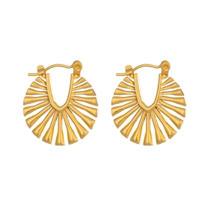 Detail of gold fan-shaped hoop earrings with radial texture and polished finish
