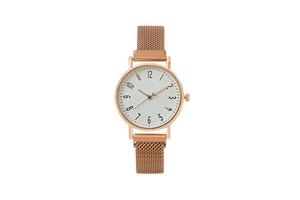Detailed macro view of rose gold Milanese mesh strap and white textured watch dial