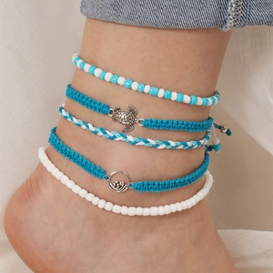 Ensemble de 5 Bracelets de Cheville Bohème Tortue Vague Cordon Tressé à la Main Perles de Cheville pour Femme Bijoux de Plage Été Cadeau
