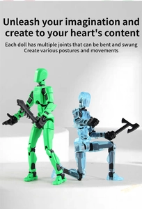Detail of 3D printed articulated figures with accessories on a white tiered background