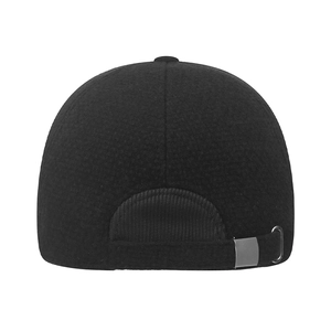 Rear view of black winter baseball cap with thick wool texture and adjustable metal buckle