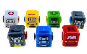Detailed set of 7 colorful square cartoon pull-back toy cars with friendly faces