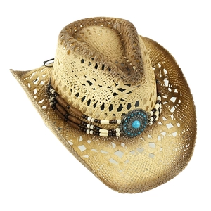 Cappello da cowboy in paglia traforato con perline etniche e pietra turchese da mare