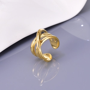Minimalist 18K gold-plated stainless steel multi-layer crossover open ring for women