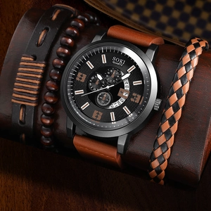 Men's SOKI quartz watch set with brown leather strap and three vintage beaded bracelets