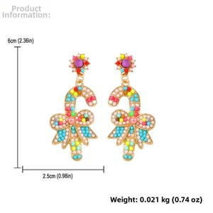 Detailed close-up of colorful candy cane earrings with bow accents and rhinestones