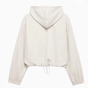 Women's chic beige hooded bomber jacket with adjustable drawstring hem and elastic cuffs