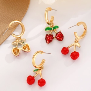 Fashionable strawberry and cherry C-shaped hoop earrings with gold plating for women
