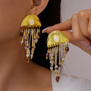 Bohemian Semi Circle Fan Shape Tassel Earrings Alloy With 925 Sterling Silver Earring Post Retro Beaded Jewelry For Women