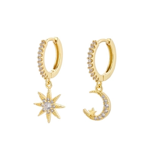 S925 silver needle asymmetric gold star and moon huggie earrings with cubic zirconia