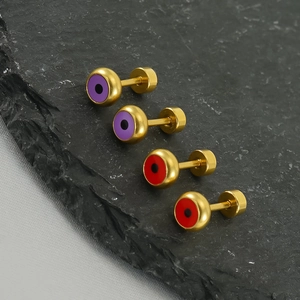 Minimalist gold stainless steel evil eye stud earrings with purple and red resin inlay