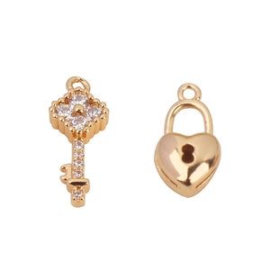 Gold plated key and heart lock charms with micro-set zircon for DIY jewelry making