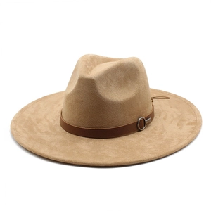Classic khaki faux suede fedora hat with brown leather band and metal ring detail