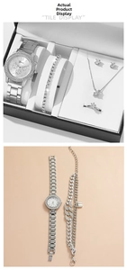 Macro shot of silver quartz watch set with crystal jewelry and luxury accessories