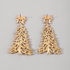Detailed close-up of Christmas tree earrings with colorful crystals and a red bow
