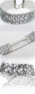 Detail of silver sequin choker with adjustable metal chain and elastic band backing