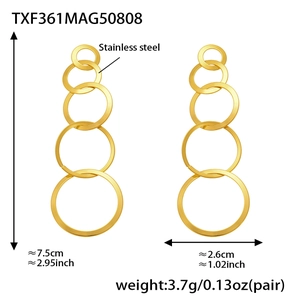 Detail view of 18k gold plated stainless steel multi-circle drop earrings with dimensions
