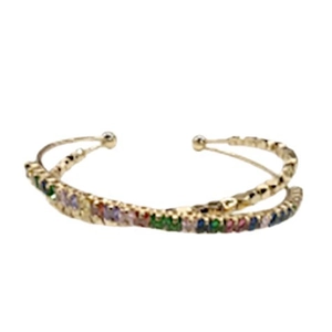 Elegant gold-plated criss-cross open bangle featuring vibrant rainbow zircon gemstones