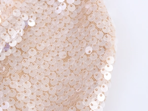 Macro shot of champagne sequin mesh fabric detail showing texture and reflective finish