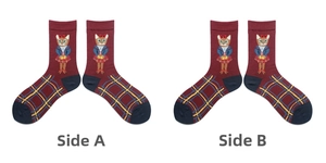 Detail of burgundy cotton socks with cat embroidery and classic tartan pattern soles